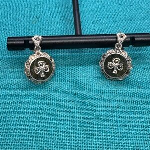 Connemara Marble Sterling Silver Marcasite Studded Shamrock Earrings